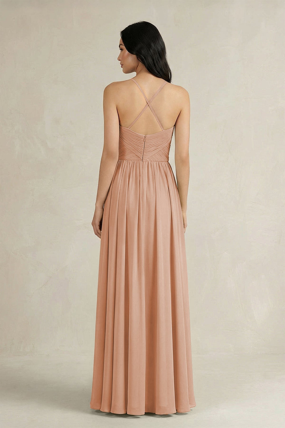 A-Line Pleated Spaghetti Strap Chiffon Bridesmaid Dress in Champagne Rose