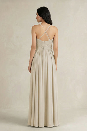 A - Line Pleated Spaghetti Strap Chiffon Bridesmaid Dress in Dove Gray - KISS BRIDAL Bridesmaid Dresses