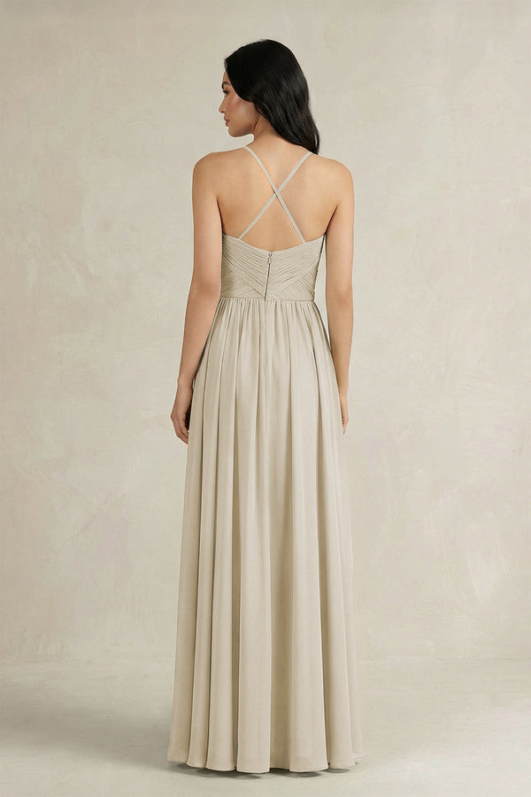 A - Line Pleated Spaghetti Strap Chiffon Bridesmaid Dress in Dove Gray - KISS BRIDAL Bridesmaid Dresses