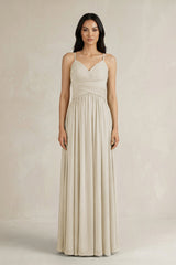 A - Line Pleated Spaghetti Strap Chiffon Bridesmaid Dress in Dove Gray - KISS BRIDAL Bridesmaid Dresses