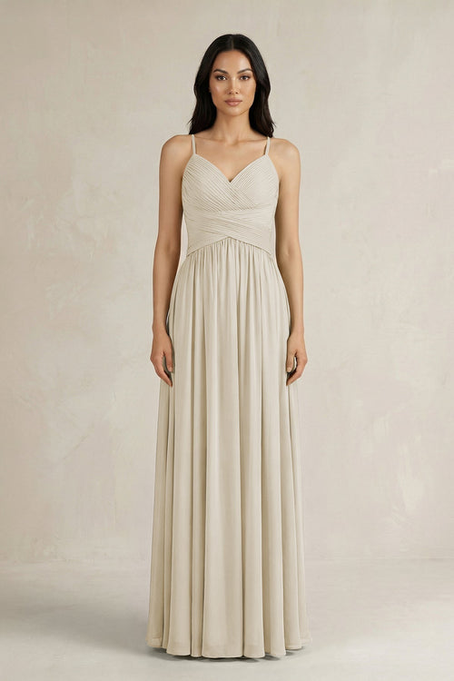 A - Line Pleated Spaghetti Strap Chiffon Bridesmaid Dress in Dove Gray - KISS BRIDAL Bridesmaid Dresses