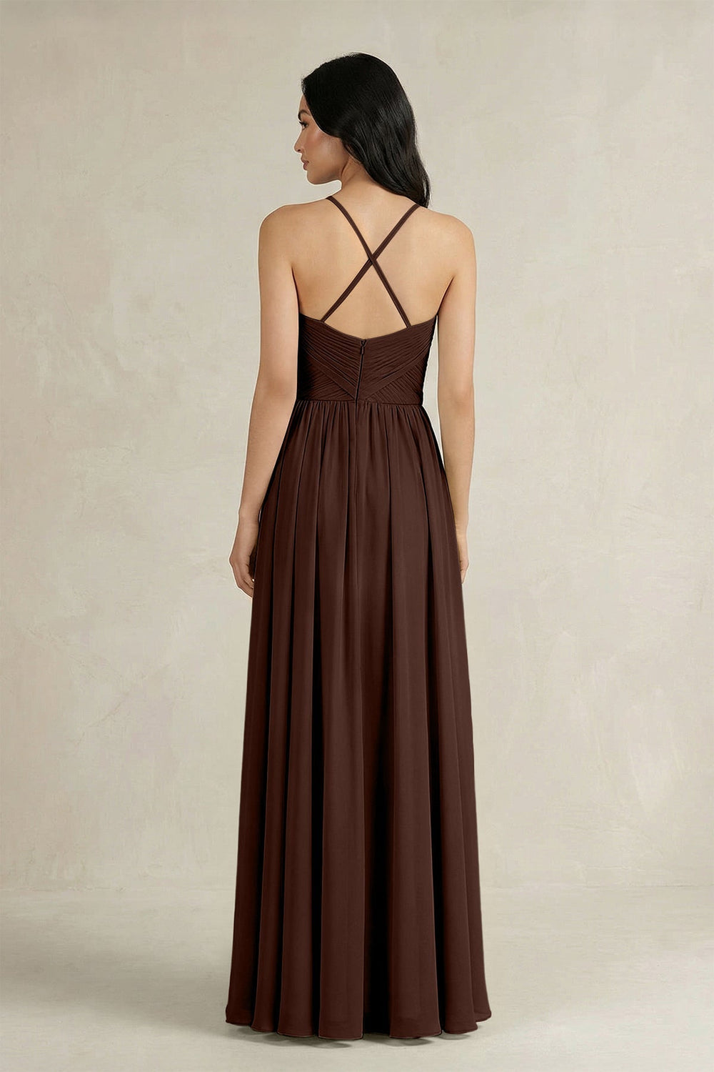 A-Line Pleated Spaghetti Strap Chiffon Bridesmaid Dress in Espresso