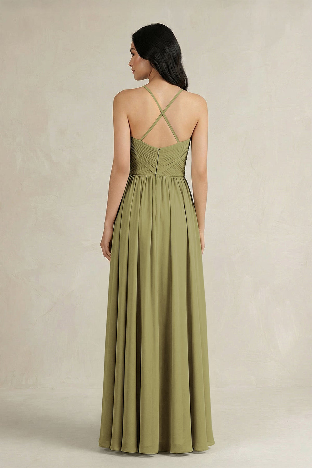 A-Line Pleated Spaghetti Strap Chiffon Bridesmaid Dress in Moss Green