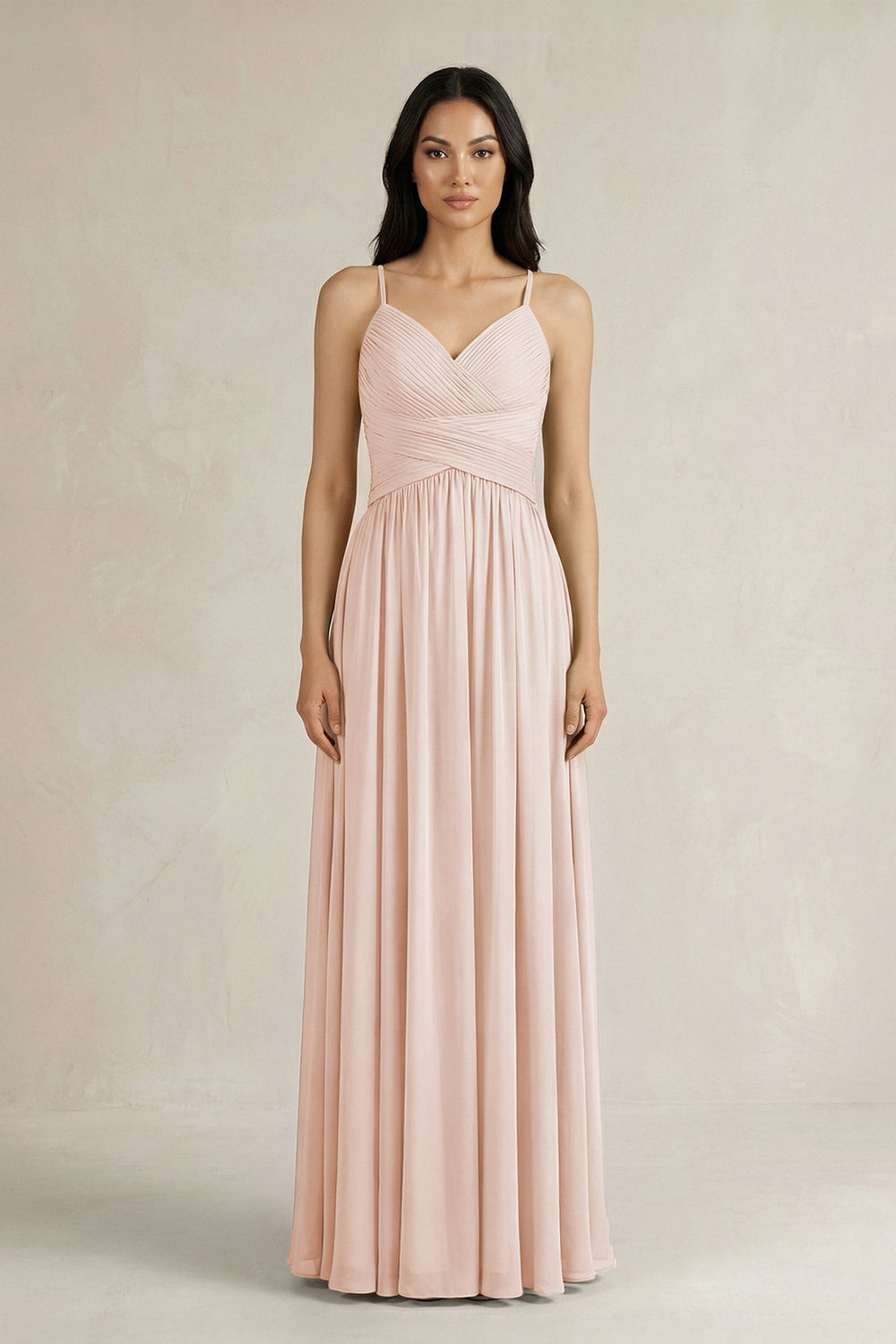 A-Line Pleated Spaghetti Strap Chiffon Bridesmaid Dress in Pale Blush