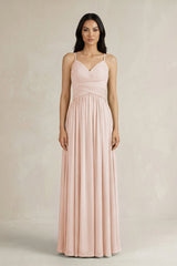 A - Line Pleated Spaghetti Strap Chiffon Bridesmaid Dress in Pale Blush - KISS BRIDAL Bridesmaid Dresses