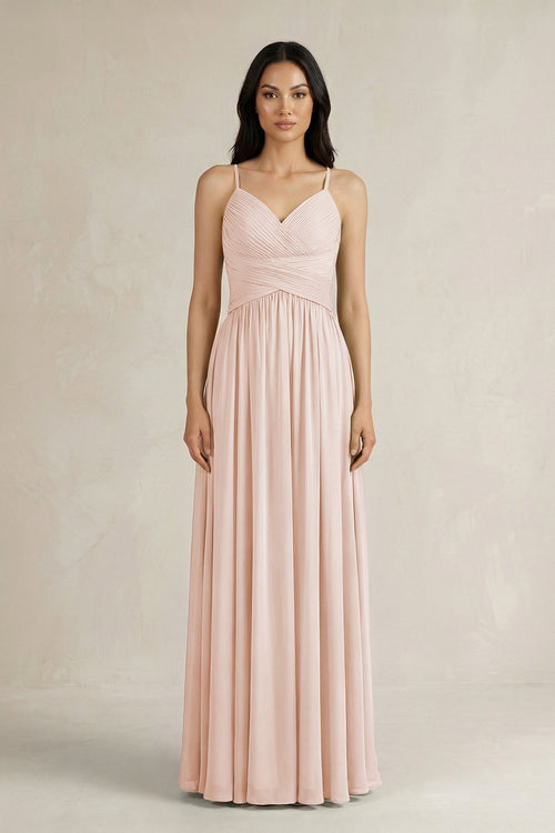 A - Line Pleated Spaghetti Strap Chiffon Bridesmaid Dress in Pale Blush - KISS BRIDAL Bridesmaid Dresses