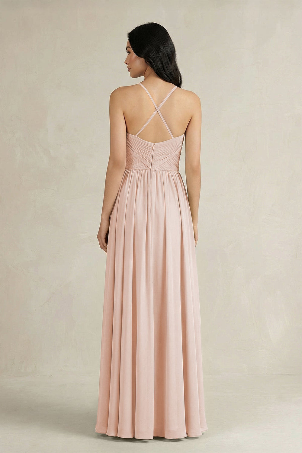 A-Line Pleated Spaghetti Strap Chiffon Bridesmaid Dress in Pale Blush