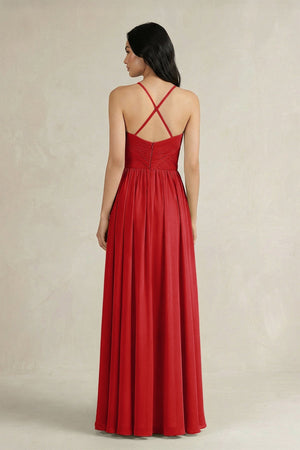 A - Line Pleated Spaghetti Strap Chiffon Bridesmaid Dress in Ruby Red - KISS BRIDAL Bridesmaid Dresses