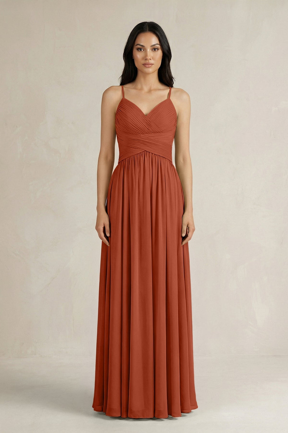 A-Line Pleated Spaghetti Strap Chiffon Bridesmaid Dress in Spice
