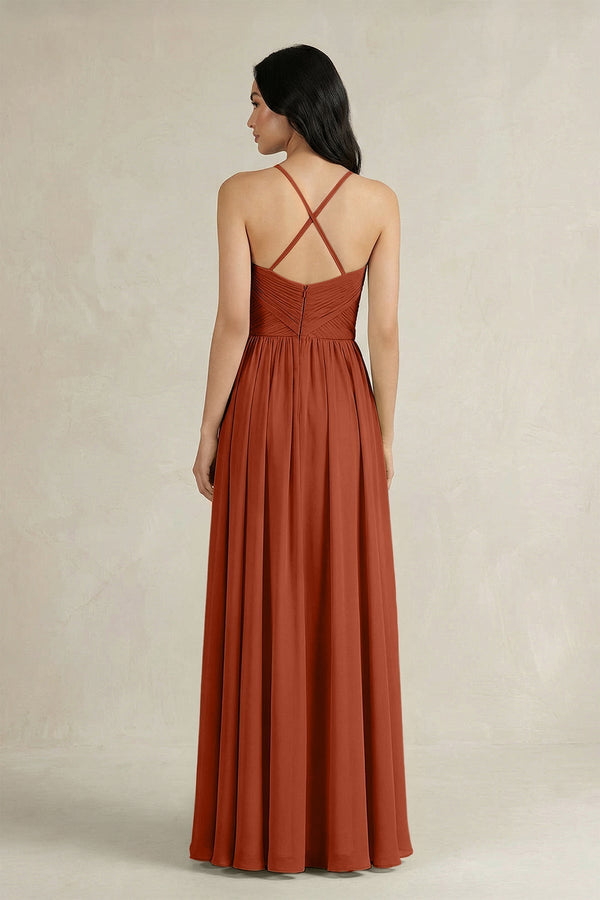 A - Line Pleated Spaghetti Strap Chiffon Bridesmaid Dress in Spice - KISS BRIDAL Bridesmaid Dresses