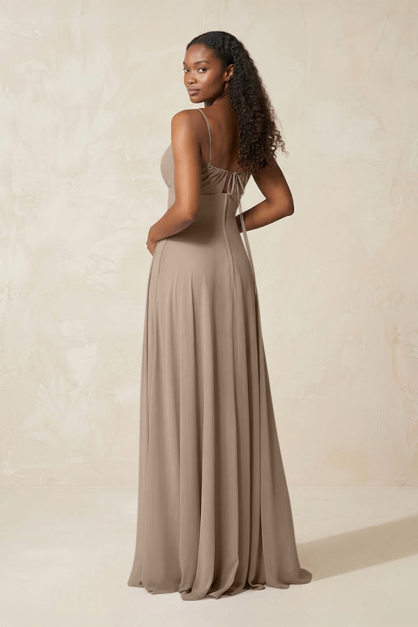 A-Line Ruched Chiffon Spaghetti Strap Bridesmaid Dress in Almond (2) | KISSBRIDAL