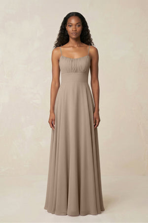 A-Line Ruched Chiffon Spaghetti Strap Bridesmaid Dress in Almond | KISSBRIDAL