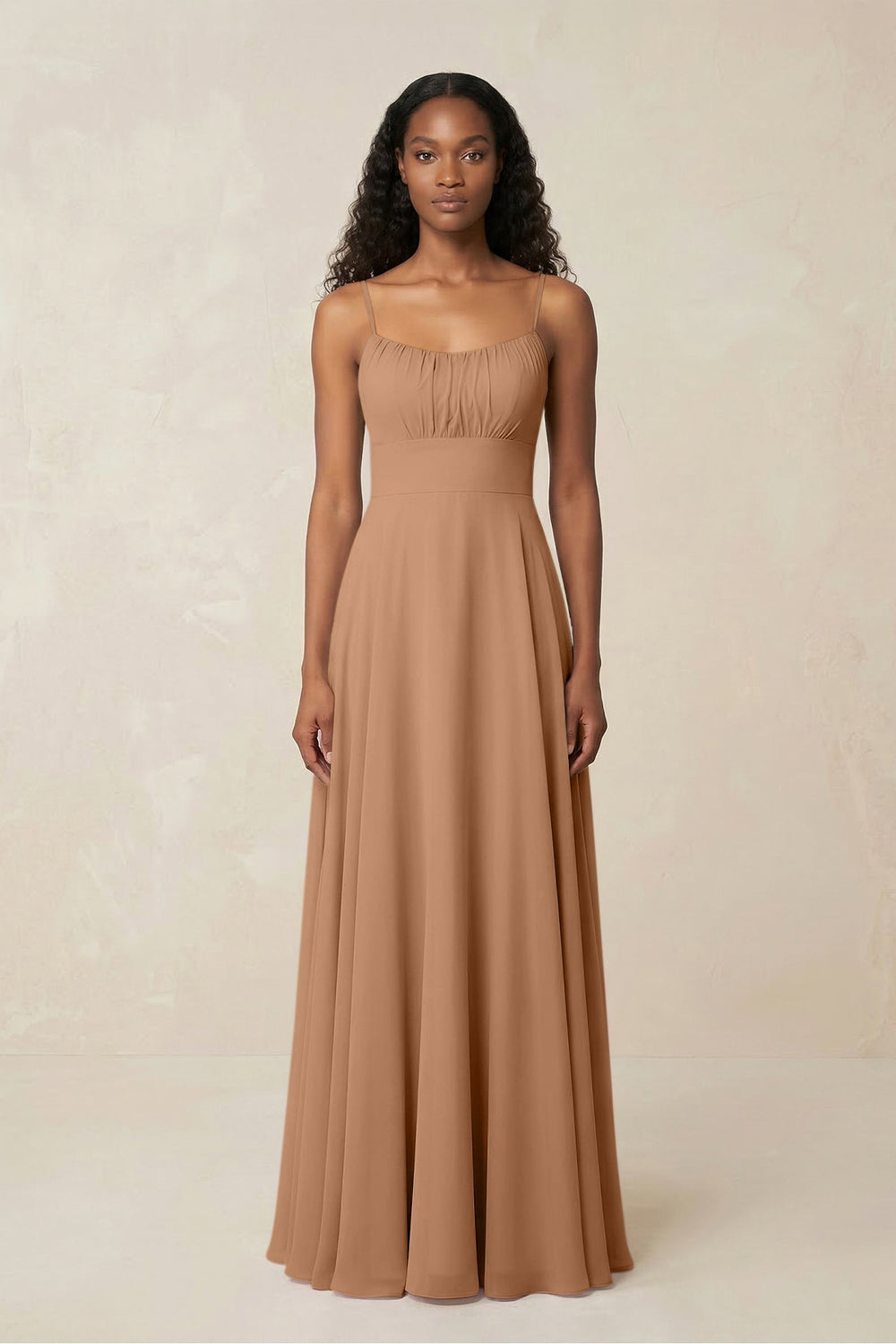 A-Line Ruched Chiffon Spaghetti Strap Bridesmaid Dress in Bronzer