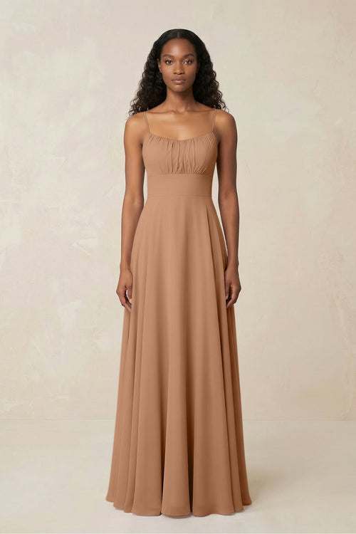 A - Line Ruched Chiffon Spaghetti Strap Bridesmaid Dress in Bronzer - KISS BRIDAL Bridesmaid Dresses