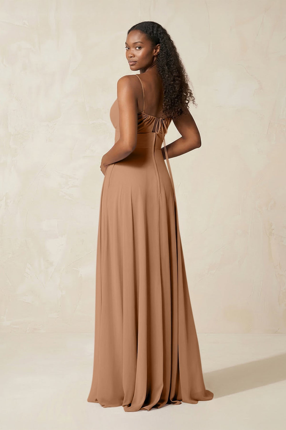 A-Line Ruched Chiffon Spaghetti Strap Bridesmaid Dress in Bronzer