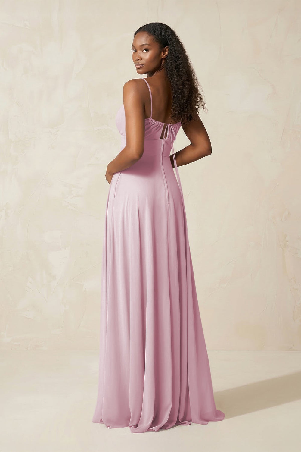 A-Line Ruched Chiffon Spaghetti Strap Bridesmaid Dress in Candy Pink