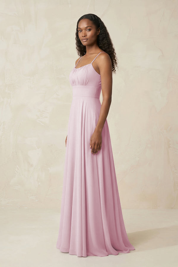 A-Line Ruched Chiffon Spaghetti Strap Bridesmaid Dress in Candy Pink (3) | KISSBRIDAL