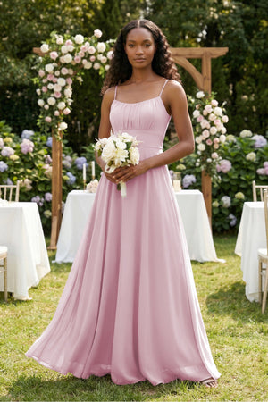 A-Line Ruched Chiffon Spaghetti Strap Bridesmaid Dress in Candy Pink (4) | KISSBRIDAL