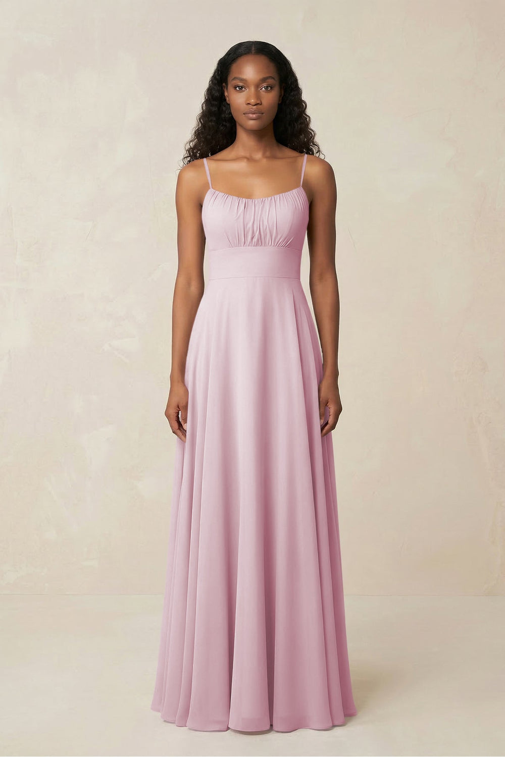 A-Line Ruched Chiffon Spaghetti Strap Bridesmaid Dress in Candy Pink