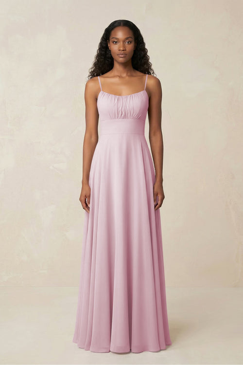 A-Line Ruched Chiffon Spaghetti Strap Bridesmaid Dress in Candy Pink | KISSBRIDAL