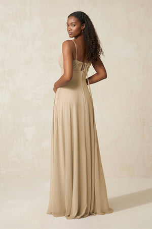 A-Line Ruched Chiffon Spaghetti Strap Bridesmaid Dress in Champagne (2) | KISSBRIDAL