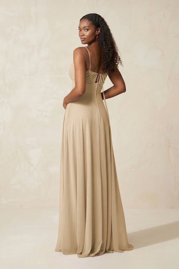 A-Line Ruched Chiffon Spaghetti Strap Bridesmaid Dress in Champagne (2) | KISSBRIDAL