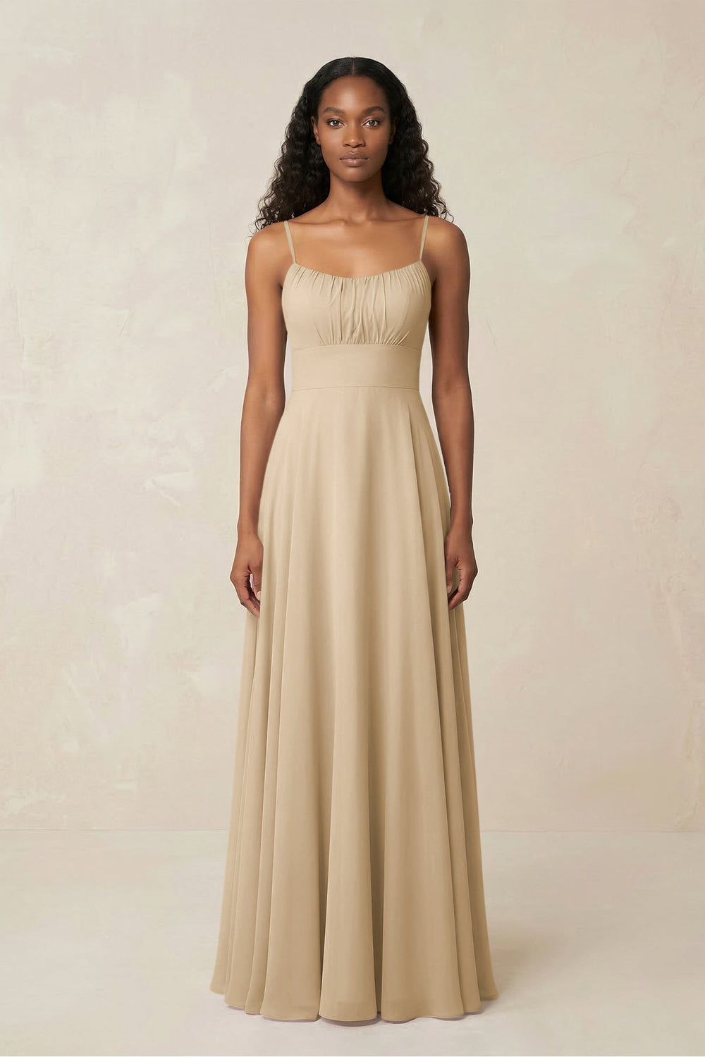 A-Line Ruched Chiffon Spaghetti Strap Bridesmaid Dress in Champagne