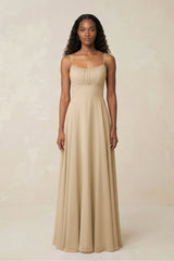 A-Line Ruched Chiffon Spaghetti Strap Bridesmaid Dress in Champagne | KISSBRIDAL