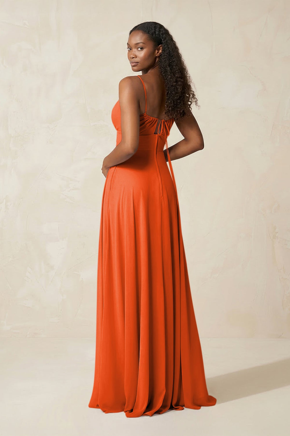 A-Line Ruched Chiffon Spaghetti Strap Bridesmaid Dress in Cinnamon