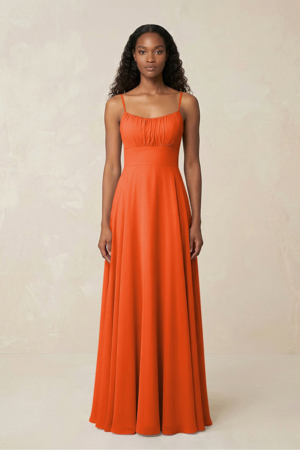 A-Line Ruched Chiffon Spaghetti Strap Bridesmaid Dress in Cinnamon