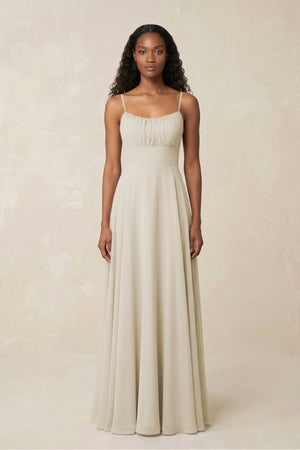 A - Line Ruched Chiffon Spaghetti Strap Bridesmaid Dress in Dove Gray - KISS BRIDAL Bridesmaid Dresses