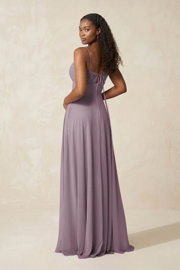 A-Line Ruched Chiffon Spaghetti Strap Bridesmaid Dress in Dusk (2) | KISSBRIDAL