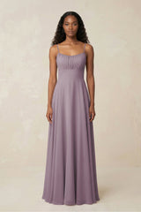 A-Line Ruched Chiffon Spaghetti Strap Bridesmaid Dress in Dusk | KISSBRIDAL