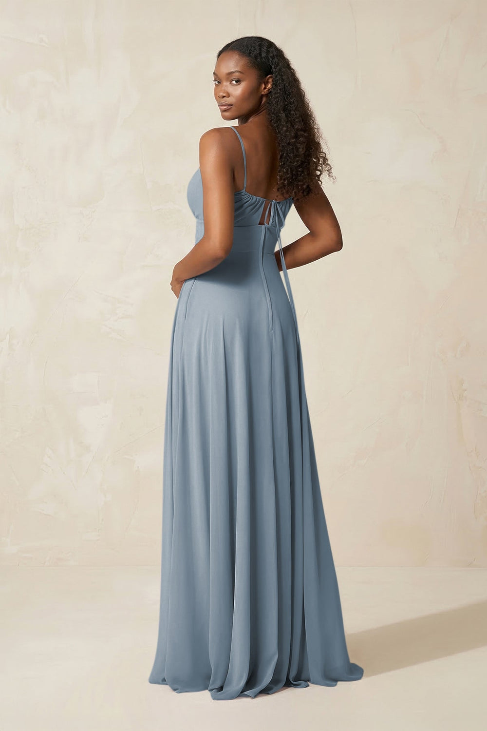 A-Line Ruched Chiffon Spaghetti Strap Bridesmaid Dress in Dusty Blue