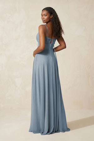 A-Line Ruched Chiffon Spaghetti Strap Bridesmaid Dress in Dusty Blue (2) | KISSBRIDAL