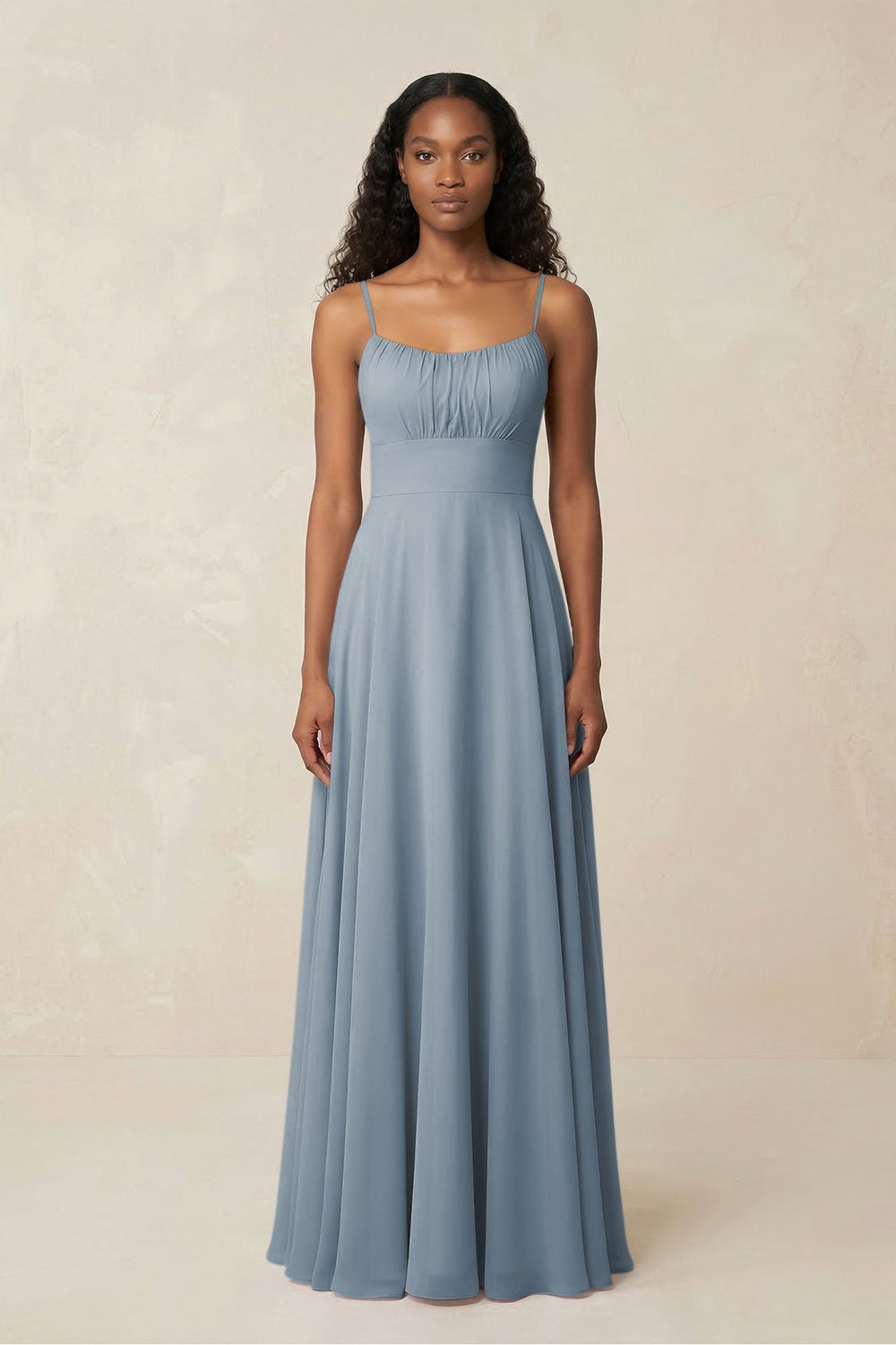 A-Line Ruched Chiffon Spaghetti Strap Bridesmaid Dress in Dusty Blue