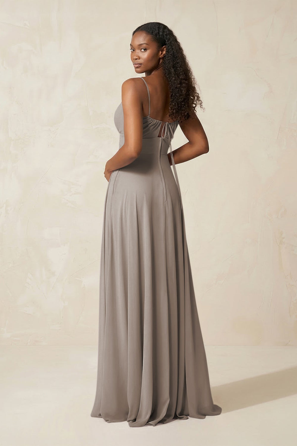 A-Line Ruched Chiffon Spaghetti Strap Bridesmaid Dress in Frost