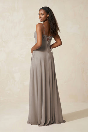 A-Line Ruched Chiffon Spaghetti Strap Bridesmaid Dress in Frost (2) | KISSBRIDAL