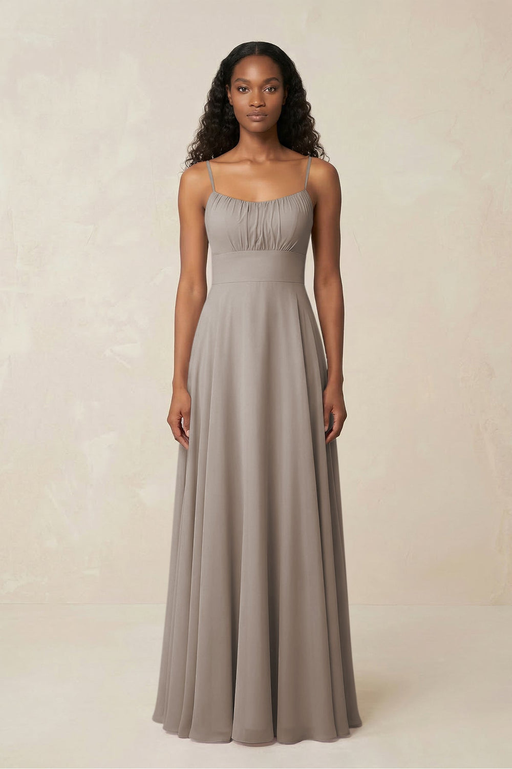 A-Line Ruched Chiffon Spaghetti Strap Bridesmaid Dress in Frost
