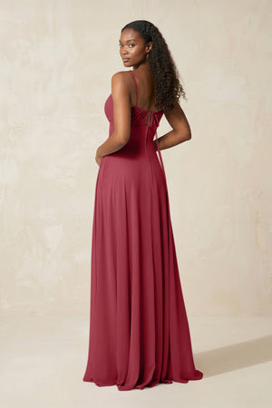 A-Line Ruched Chiffon Spaghetti Strap Bridesmaid Dress in Merlot (2) | KISSBRIDAL