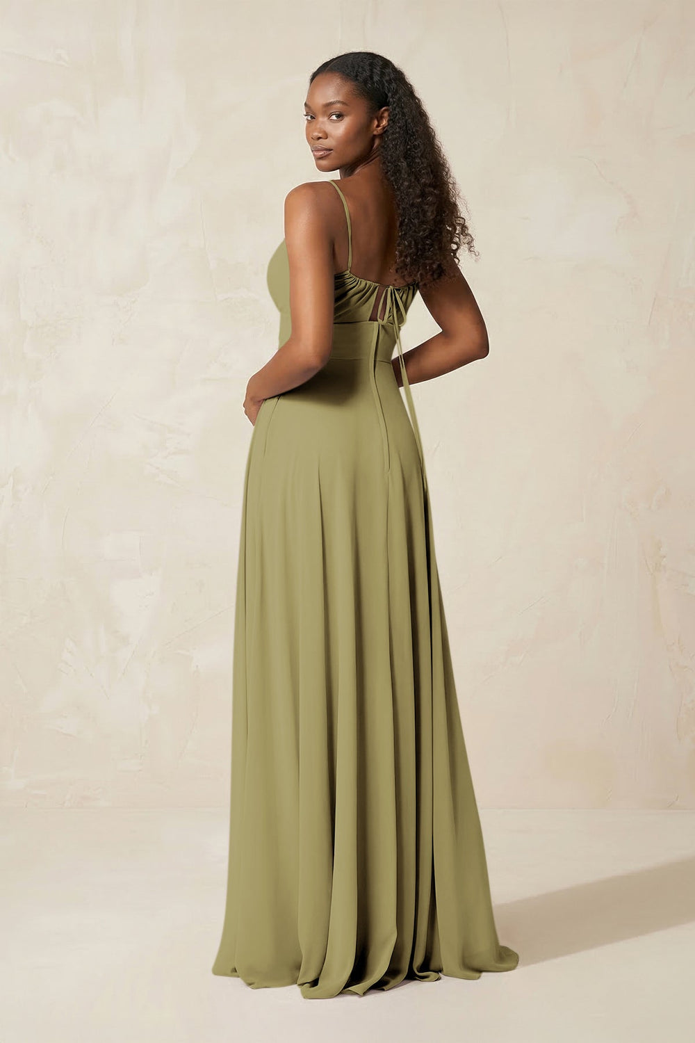 A-Line Ruched Chiffon Spaghetti Strap Bridesmaid Dress in Moss Green