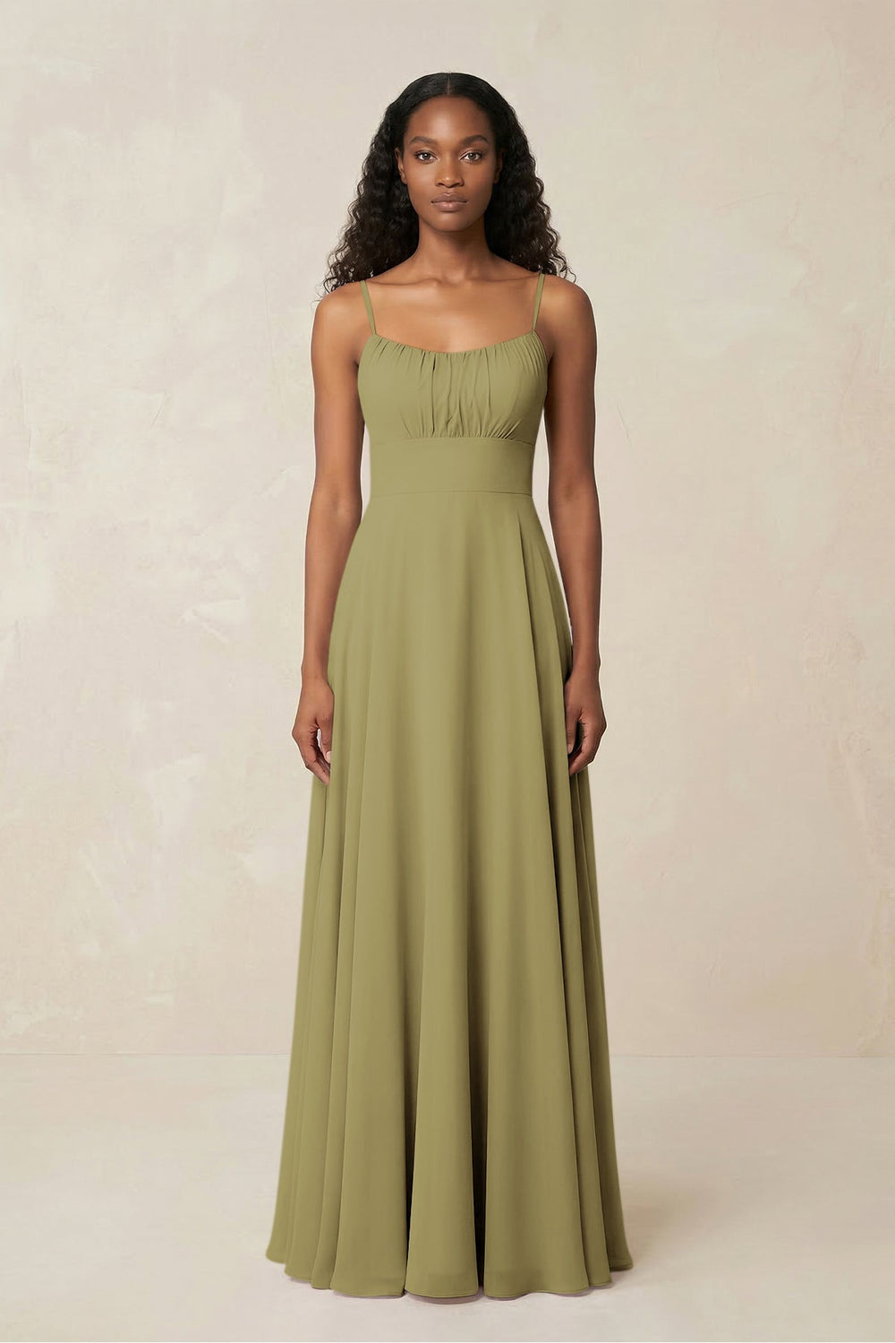 A-Line Ruched Chiffon Spaghetti Strap Bridesmaid Dress in Moss Green