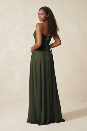 A-Line Ruched Chiffon Spaghetti Strap Bridesmaid Dress in Olive (2) | KISSBRIDAL