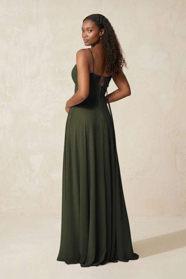 A-Line Ruched Chiffon Spaghetti Strap Bridesmaid Dress in Olive (2) | KISSBRIDAL