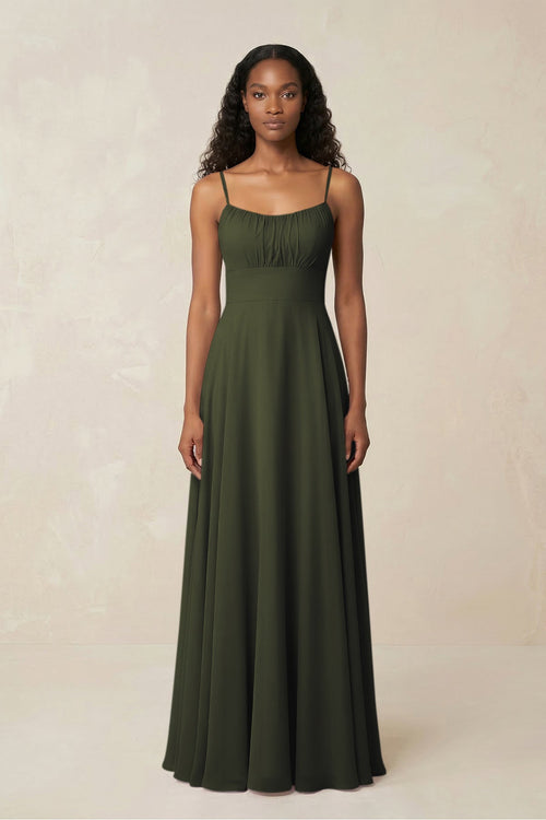 A-Line Ruched Chiffon Spaghetti Strap Bridesmaid Dress in Olive | KISSBRIDAL