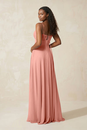 A-Line Ruched Chiffon Spaghetti Strap Bridesmaid Dress in Rosette (2) | KISSBRIDAL