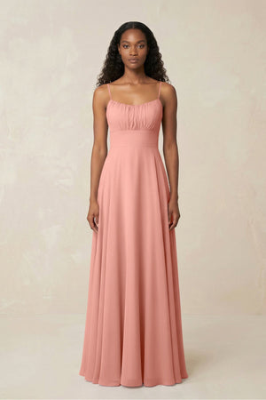 A-Line Ruched Chiffon Spaghetti Strap Bridesmaid Dress in Rosette | KISSBRIDAL