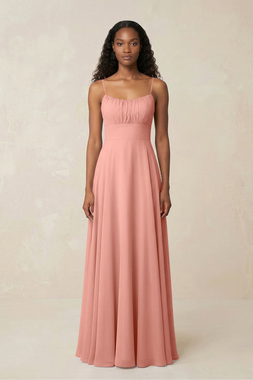 A-Line Ruched Chiffon Spaghetti Strap Bridesmaid Dress in Rosette | KISSBRIDAL