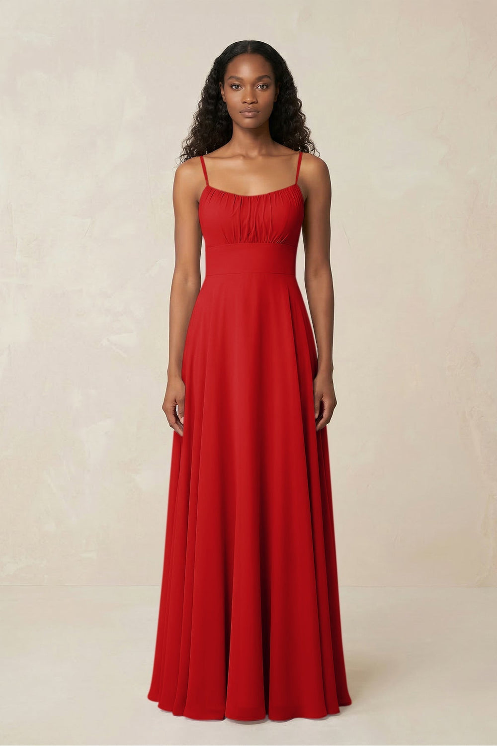 A-Line Ruched Chiffon Spaghetti Strap Bridesmaid Dress in Ruby Red