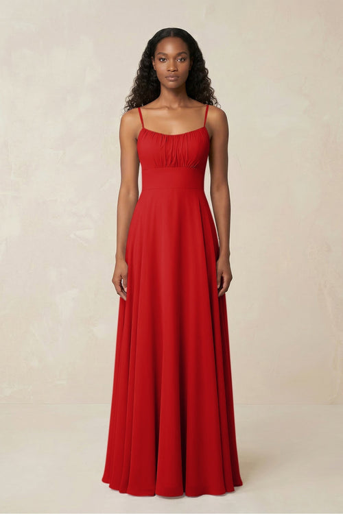A - Line Ruched Chiffon Spaghetti Strap Bridesmaid Dress in Ruby Red - KISS BRIDAL Bridesmaid Dresses
